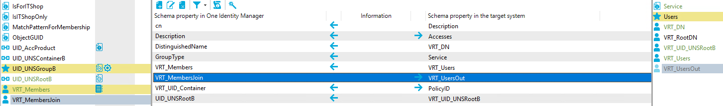 IsForITShop IslTShopOnIy MatchPatternForMembership ObjectGUID UID AccProduct UID UNSContainer8 LID UNSGroup8 ea LID UNSRoot8 V RT Members V RT MembersJoin Schema property in One Identity Manager Description DistinguishedName GroupType V RT Members MembersJcin V RT UID Container LID UNSRoot8 Information Schema propeO' in the target system Description Accesses VRT DN Service VRT Users VRT UsersOut PolicyID VRT UD UNSRoot8 Service VRT DN VRT RootDN VRT LID UNSRoot8 VRT Users : VRT_ 